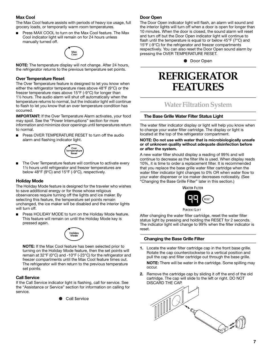 Refrigerator features, Water filtration system | KITCHENAID Bottom-Mount Built-In Refrigerator User Manual | Page 7 / 52