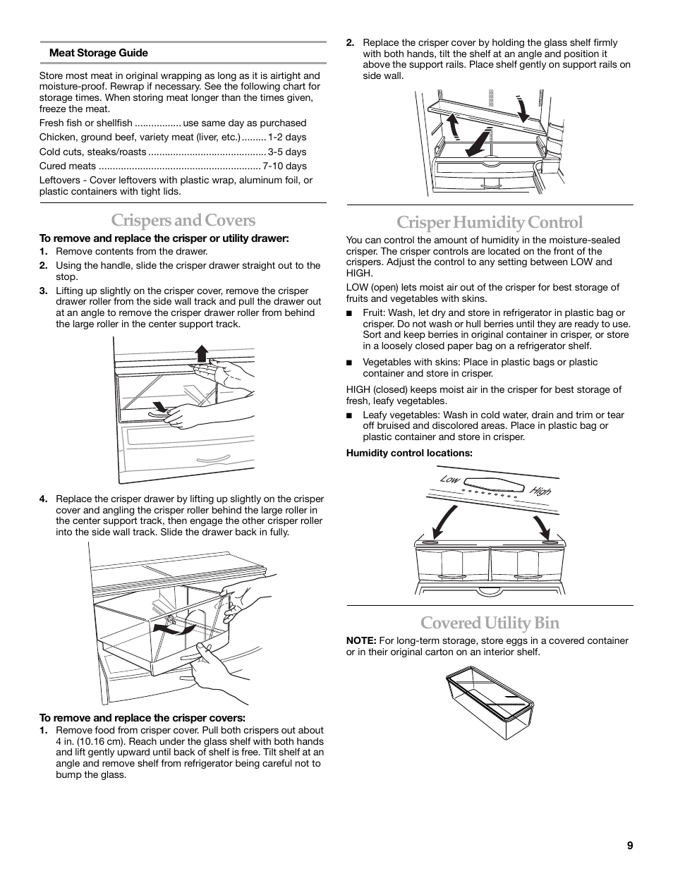 Crispers and covers, Crisper humidity control, Covered utility bin | KITCHENAID Bottom-Mount Built-In Refrigerator User Manual | Page 9 / 52