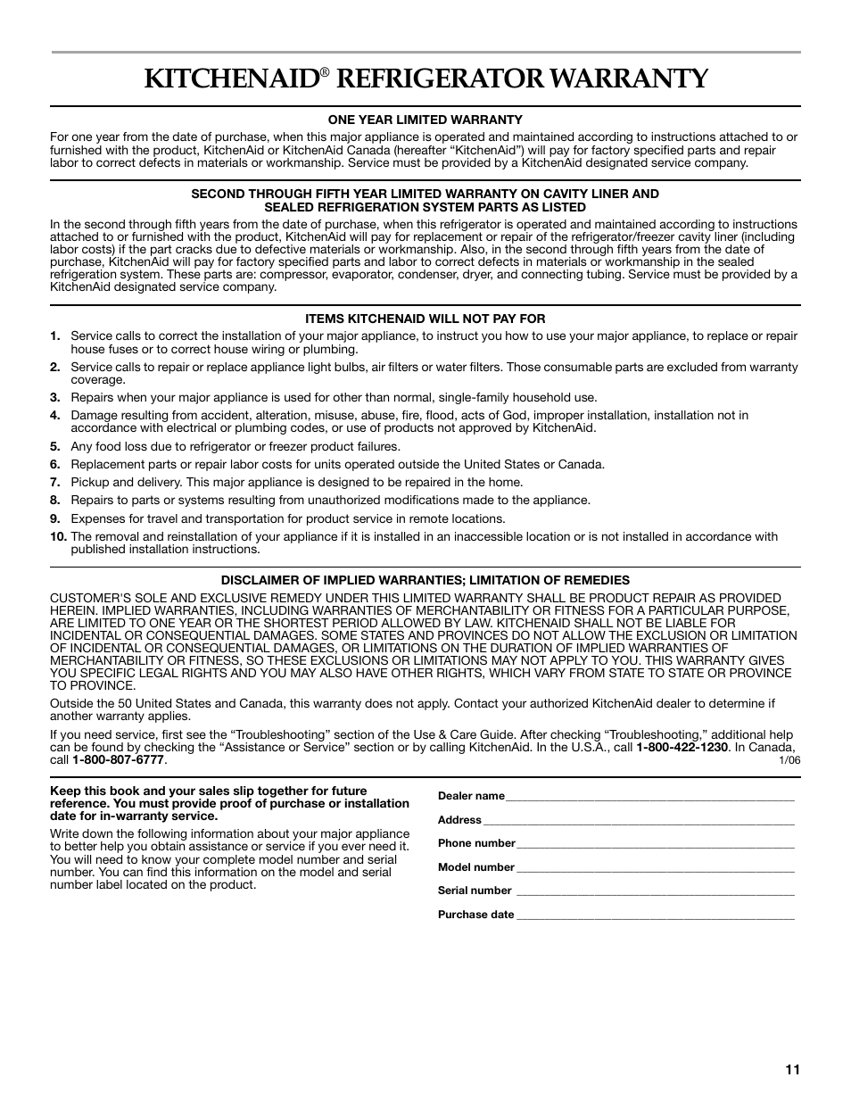 Kitchenaid, Refrigerator warranty | KITCHENAID WINE CELLAR User Manual | Page 11 / 32