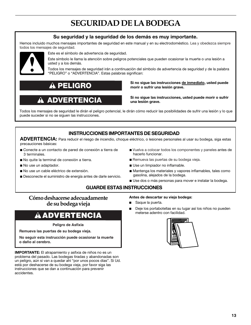 Seguridad de la, Bodega, Advertencia peligro | Advertencia, Cómo deshacerse adecuadamente de su bodega vieja | KITCHENAID WINE CELLAR User Manual | Page 13 / 32