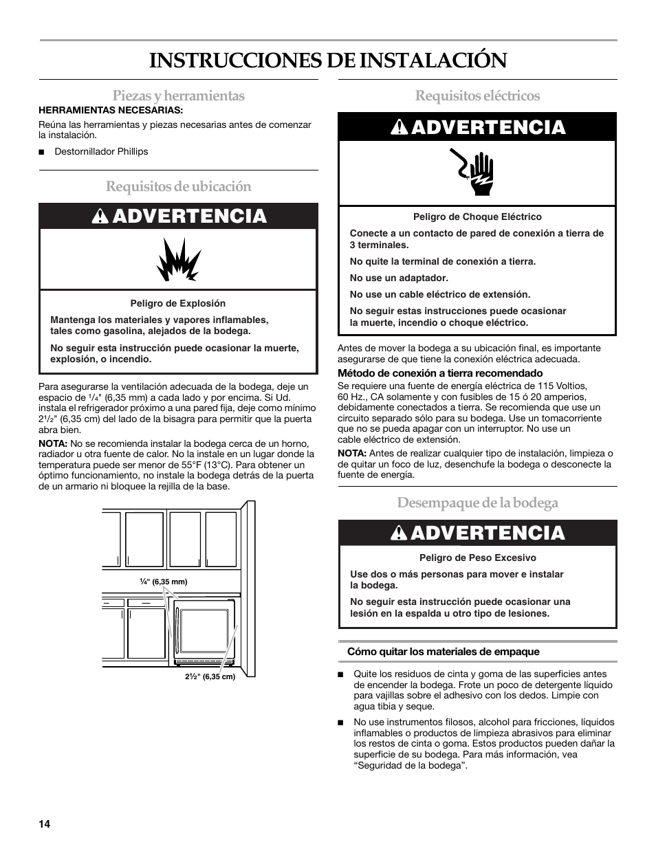 Instrucciones de instalación, Advertencia, Piezas y herramientas | Requisitos de ubicación, Requisitos eléctricos, Desempaque de la bodega | KITCHENAID WINE CELLAR User Manual | Page 14 / 32