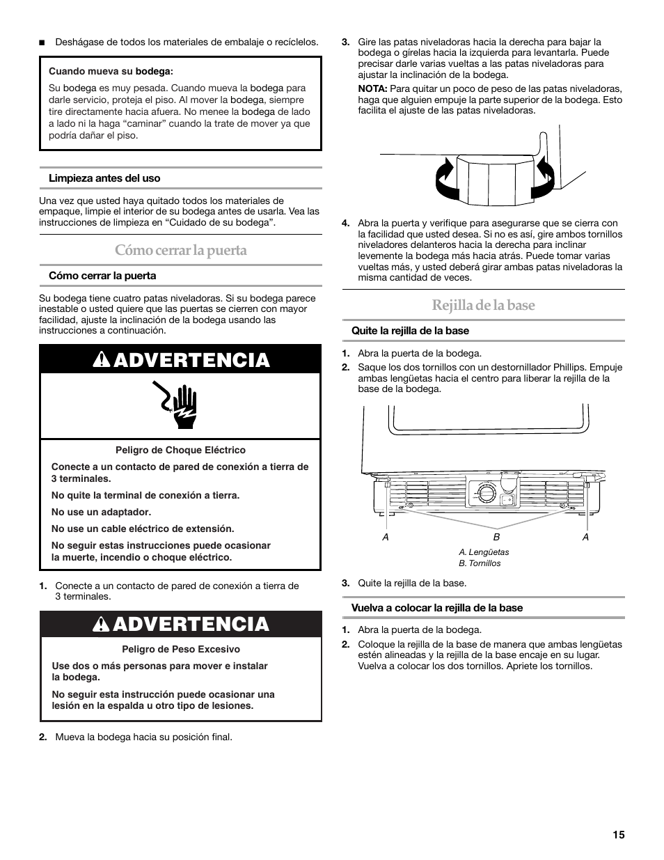 Advertencia, Cómo cerrar la puerta, Rejilla de la base | KITCHENAID WINE CELLAR User Manual | Page 15 / 32