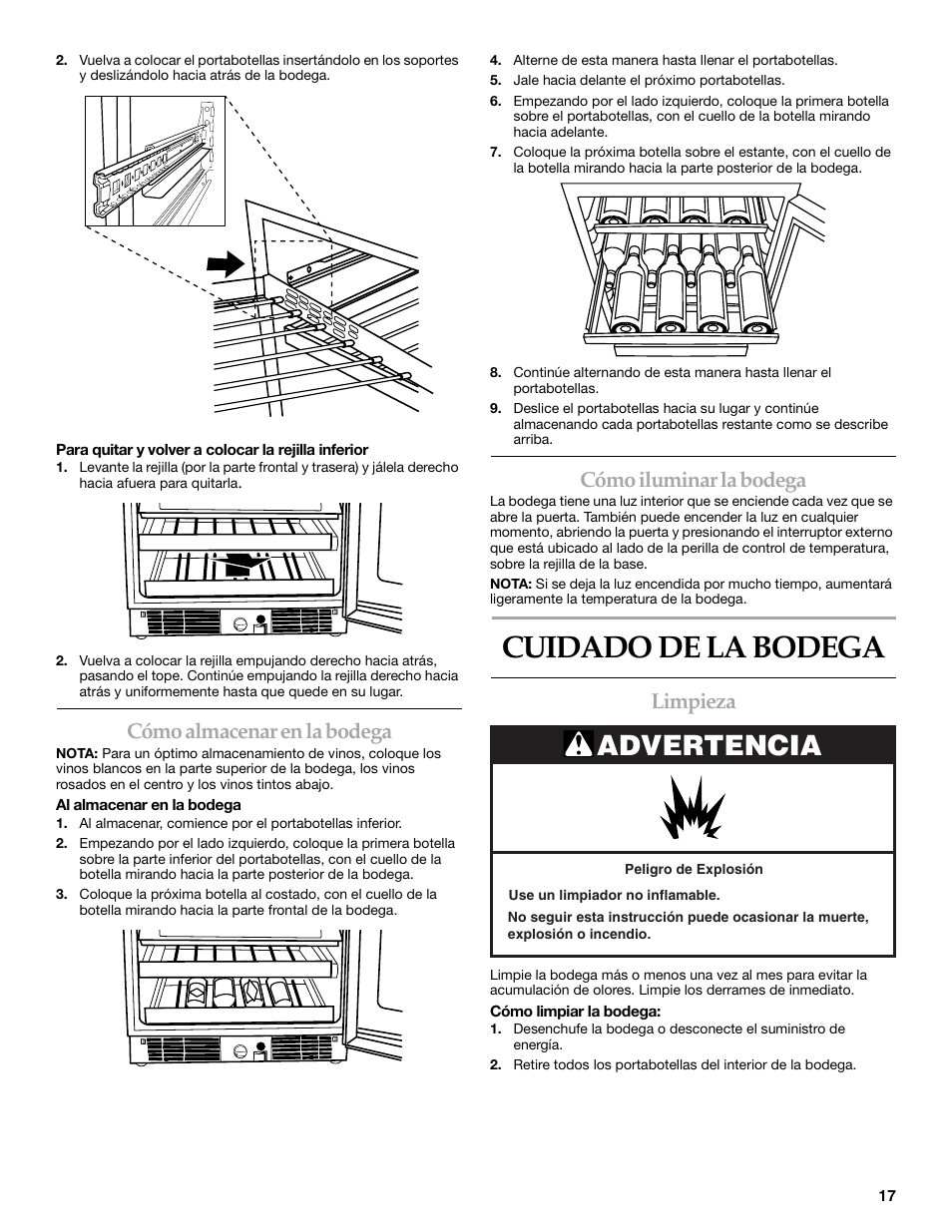 Cuidado de la bodega, Advertencia, Cómo almacenar en la bodega | Cómo iluminar, La bodega, Limpieza | KITCHENAID WINE CELLAR User Manual | Page 17 / 32