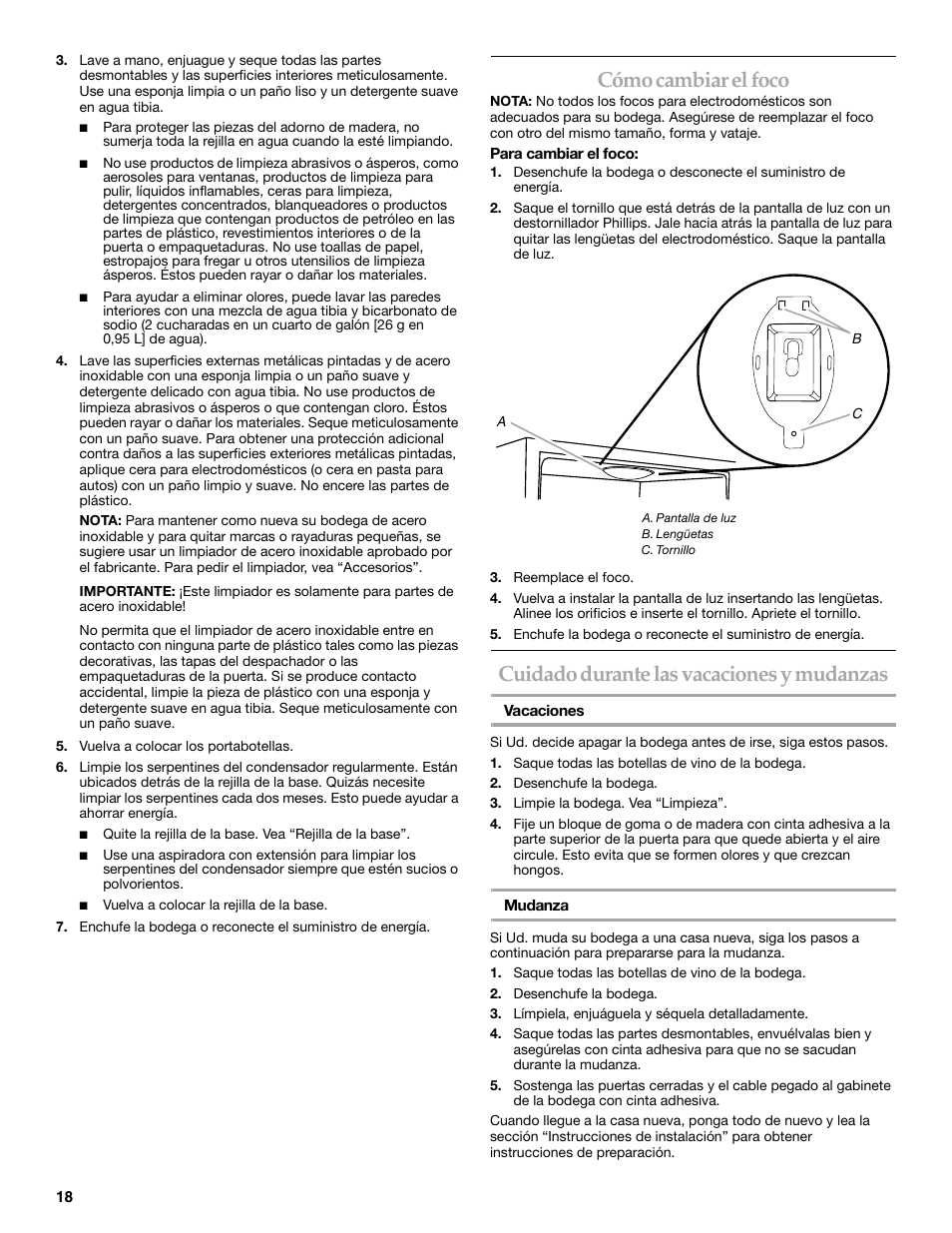 Cómo cambiar el foco, Cuidado durante las vacaciones y mudanzas | KITCHENAID WINE CELLAR User Manual | Page 18 / 32