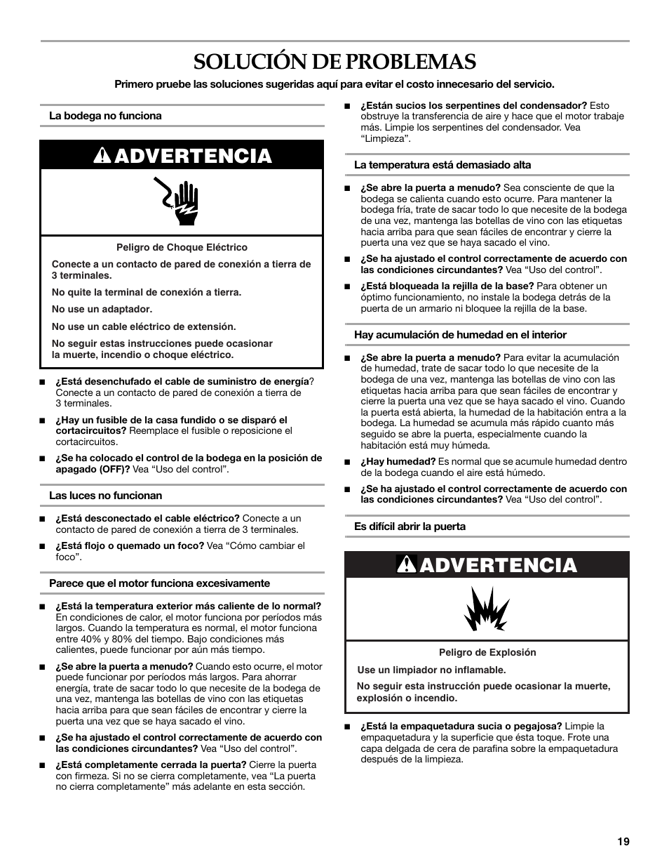 Solución de problemas, Advertencia | KITCHENAID WINE CELLAR User Manual | Page 19 / 32