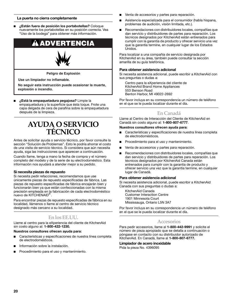 Ayuda o servicio técnico, Advertencia, En los ee.uu | En canadá, Accesorios | KITCHENAID WINE CELLAR User Manual | Page 20 / 32
