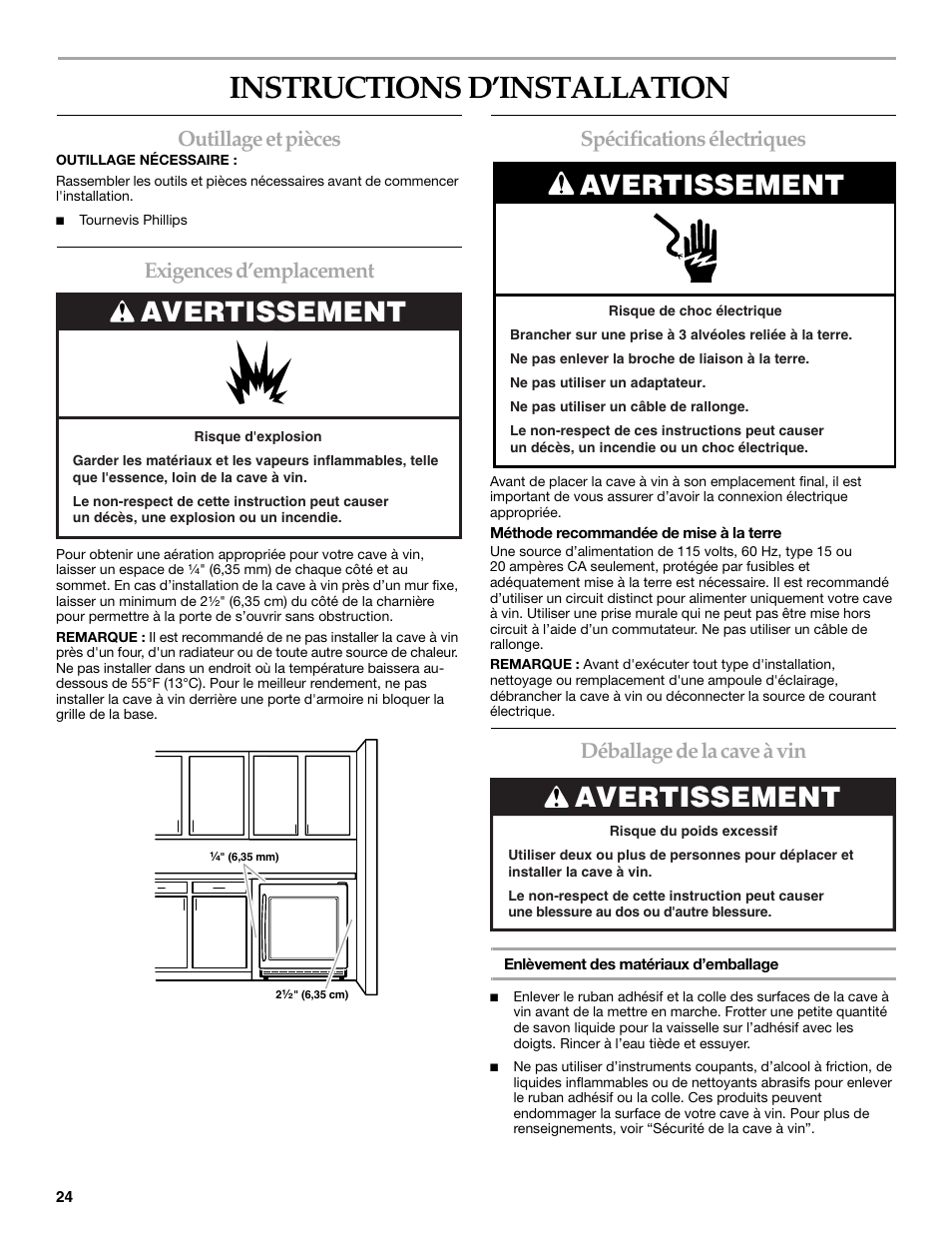 Instructions d’installation, Avertissement, Outillage et pièces | Exigences d’emplacement, Spécifications électriques, Déballage de la cave à vin | KITCHENAID WINE CELLAR User Manual | Page 24 / 32