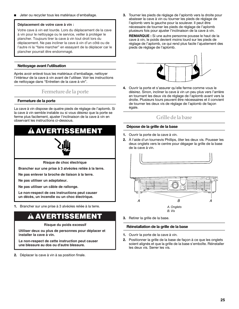 Avertissement, Fermeture de la porte, Grille de la base | KITCHENAID WINE CELLAR User Manual | Page 25 / 32