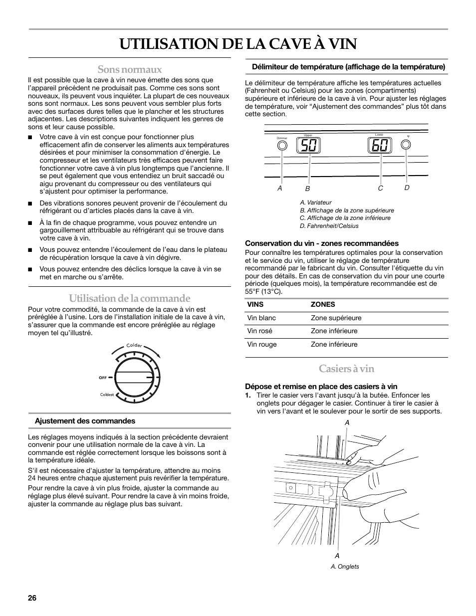 Utilisation de la cave à vin, Sons normaux, Utilisation de la commande | Casiers à vin | KITCHENAID WINE CELLAR User Manual | Page 26 / 32