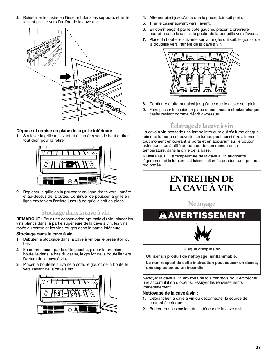 Entretien de la cave à vin, Avertissement, Stockage dans la cave à vin | Éclairage de la cave à vin, Nettoyage | KITCHENAID WINE CELLAR User Manual | Page 27 / 32