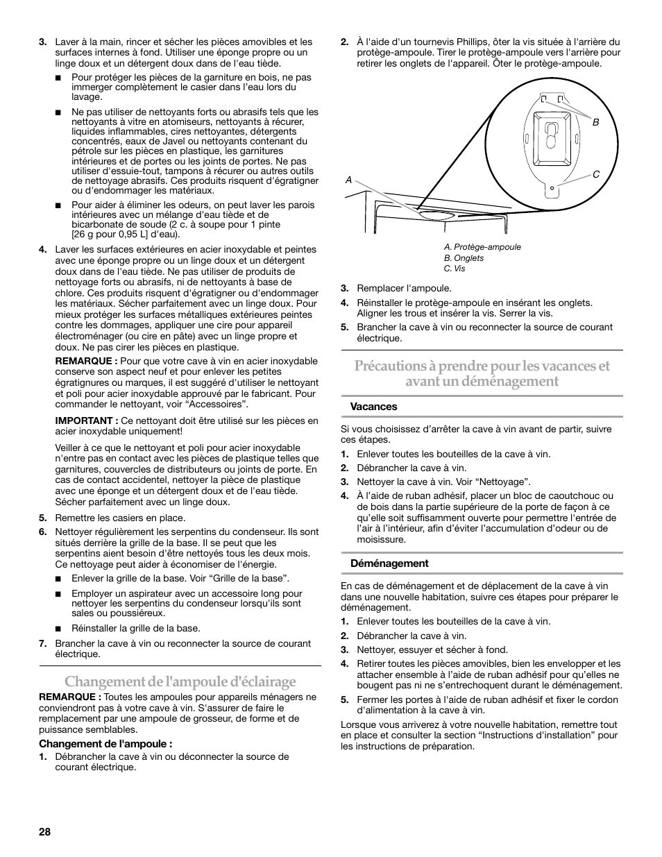 Changement de l'ampoule d'éclairage | KITCHENAID WINE CELLAR User Manual | Page 28 / 32