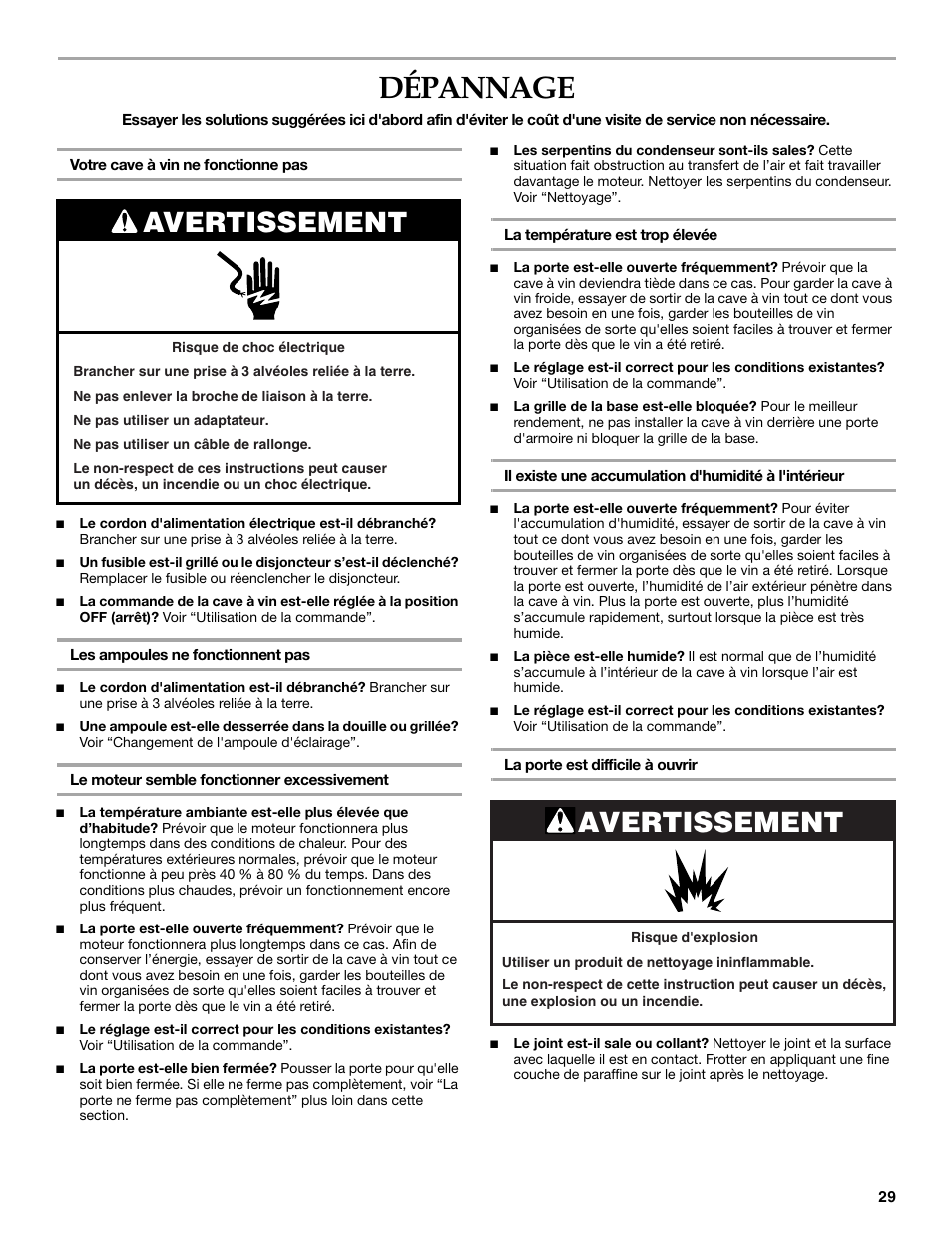 Dépannage, Avertissement | KITCHENAID WINE CELLAR User Manual | Page 29 / 32