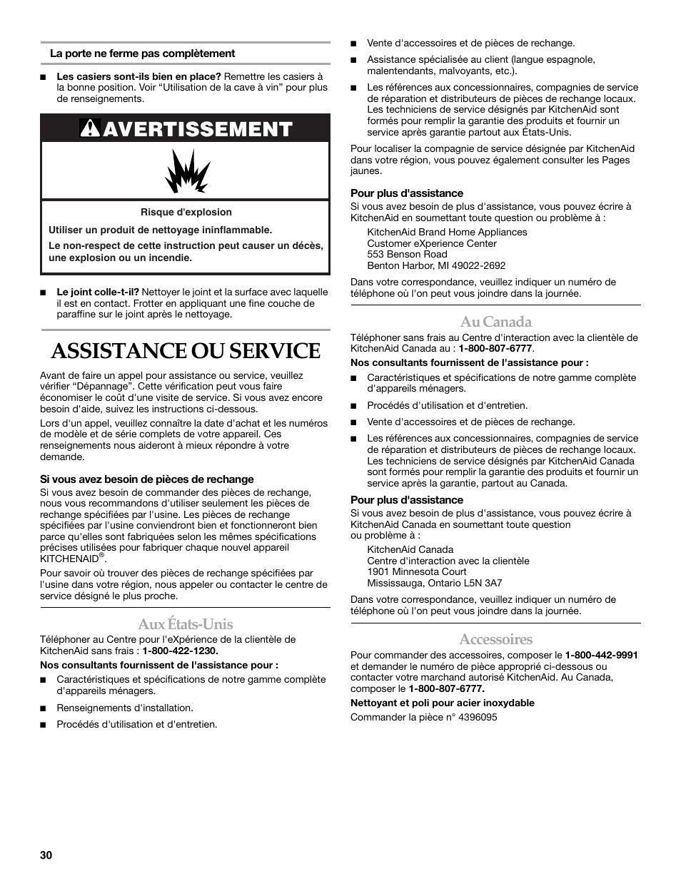 Assistance ou service, Avertissement, Aux états-unis | Au canada, Accessoires | KITCHENAID WINE CELLAR User Manual | Page 30 / 32