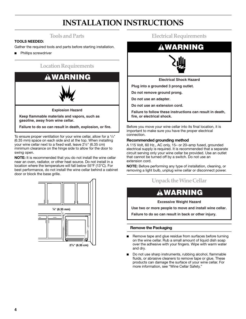 Installation instructions, Warning, Tools and parts | Location requirements, Electrical requirements, Unpack the wine cellar | KITCHENAID WINE CELLAR User Manual | Page 4 / 32