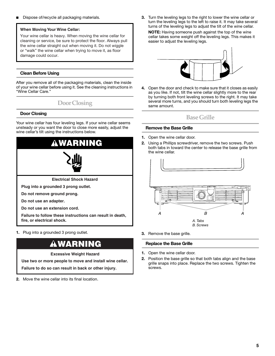 Warning, Door closing, Base grille | KITCHENAID WINE CELLAR User Manual | Page 5 / 32