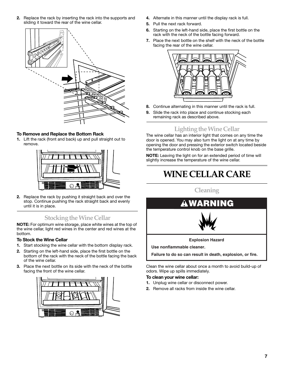 Wine cellar care, Warning, Stocking the wine cellar | Lighting the wine cellar, Cleaning | KITCHENAID WINE CELLAR User Manual | Page 7 / 32