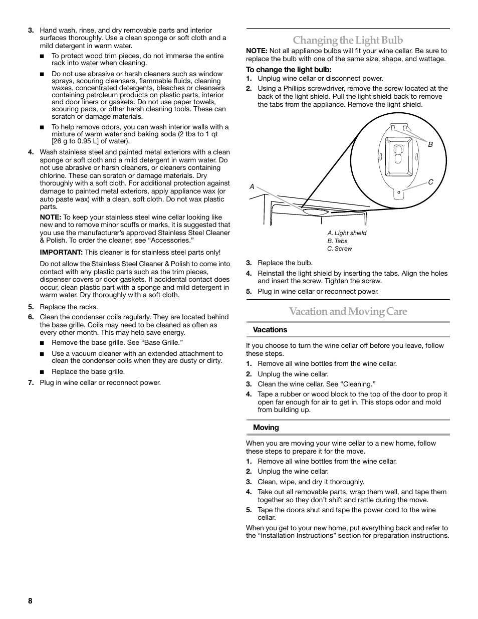 Changing the light bulb, Vacation and moving care | KITCHENAID WINE CELLAR User Manual | Page 8 / 32