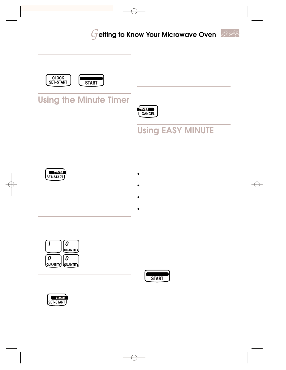 Using the minute timer, Using easy minute, Etting to know your microwave oven | KITCHENAID KBMC147H User Manual | Page 13 / 42