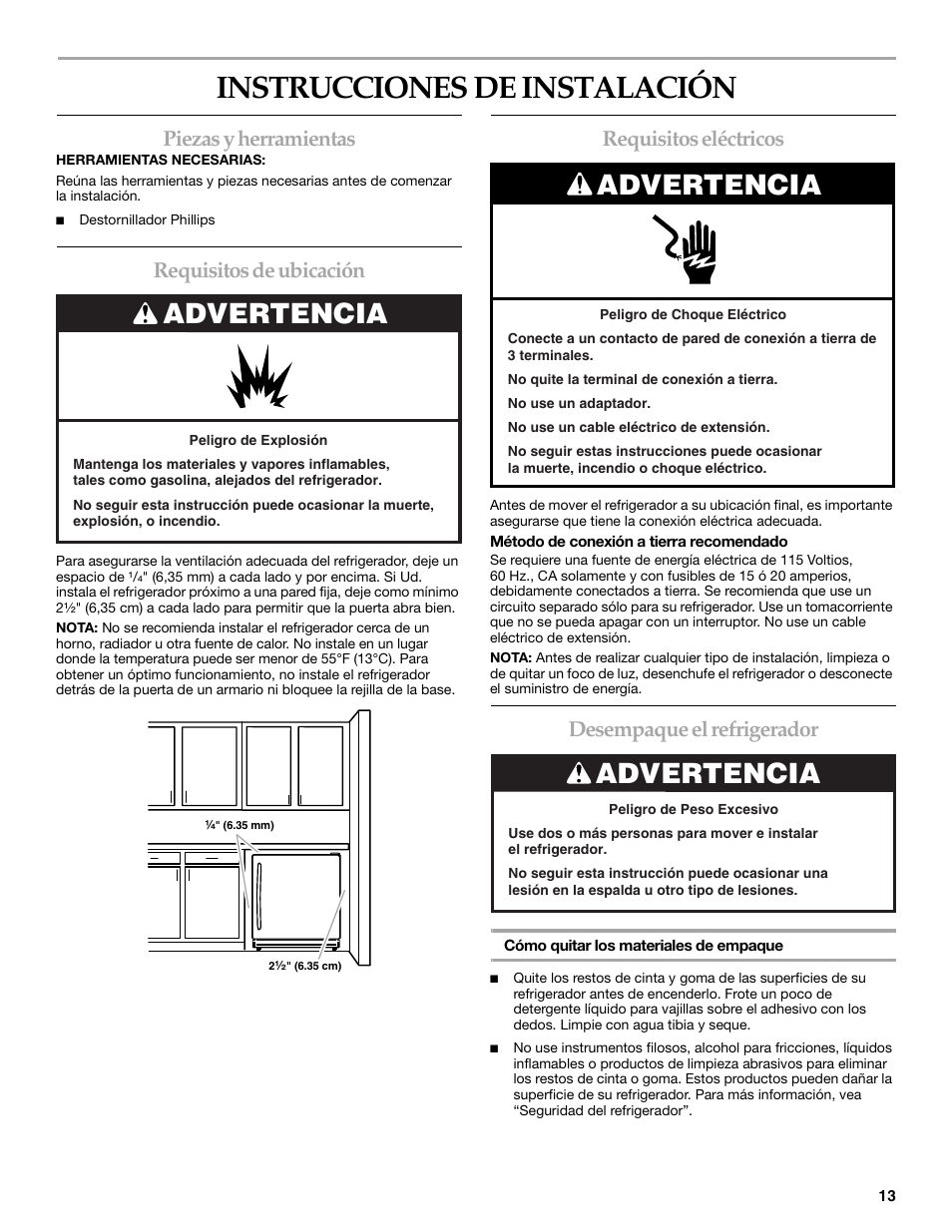 Instrucciones de instalación, Advertencia, Piezas y herramientas | Requisitos de ubicación, Requisitos eléctricos, Desempaque el refrigerador | KITCHENAID 2300274 User Manual | Page 13 / 32