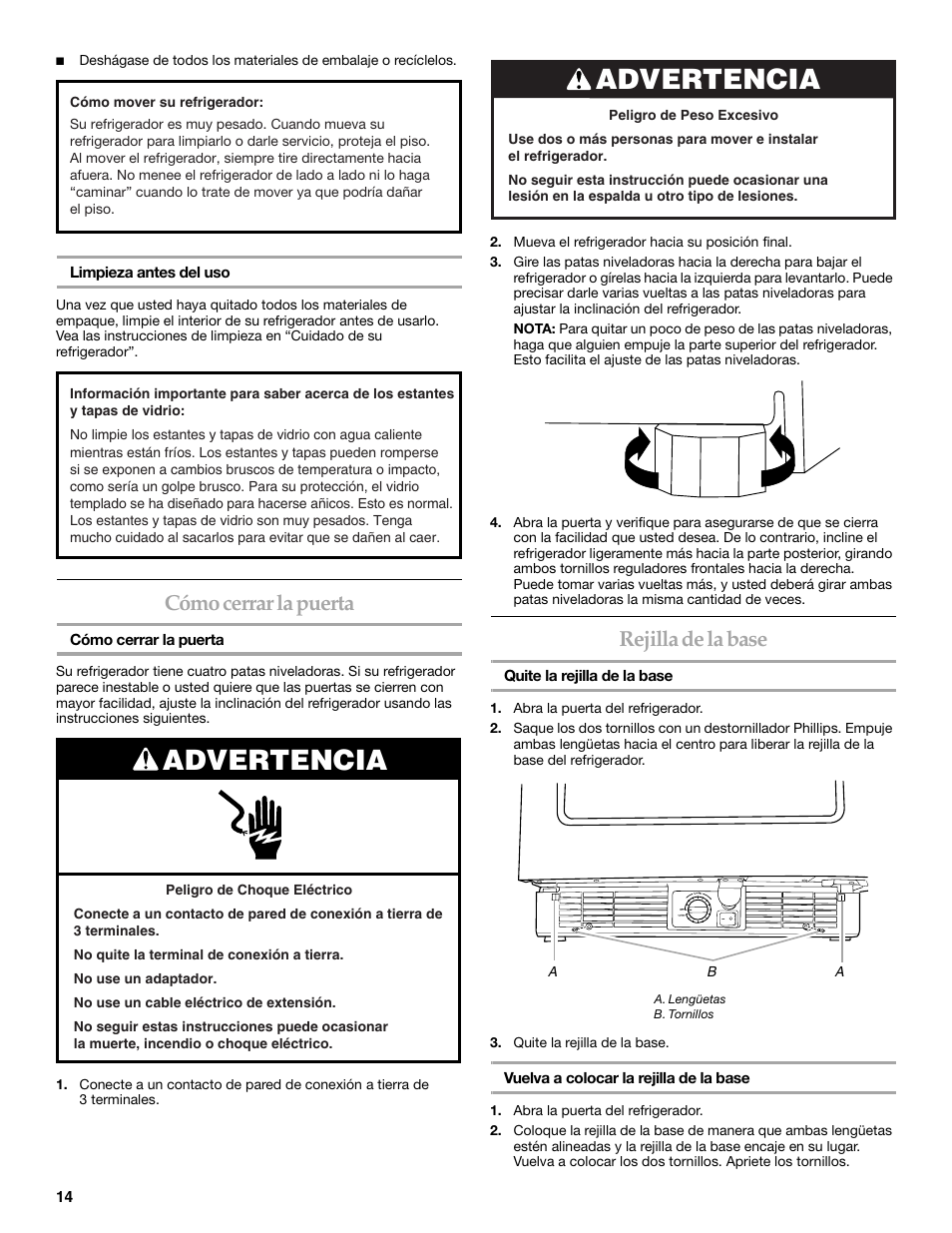 Advertencia, Cómo cerrar la puerta, Rejilla de la base | KITCHENAID 2300274 User Manual | Page 14 / 32