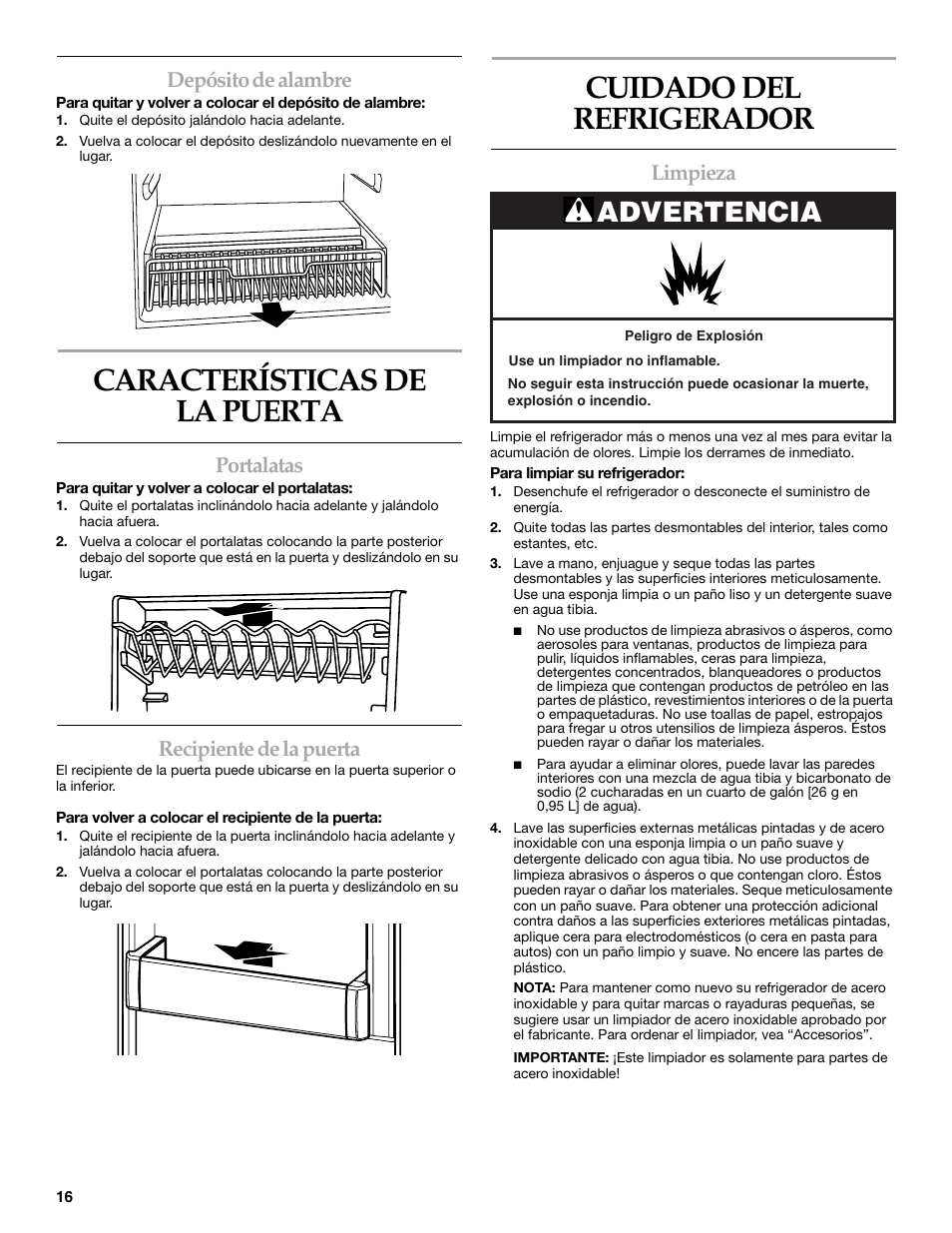 Características de la puerta, Cuidado del refrigerador, Advertencia | Depósito de alambre, Portalatas, Recipiente de la puerta, Limpieza | KITCHENAID 2300274 User Manual | Page 16 / 32