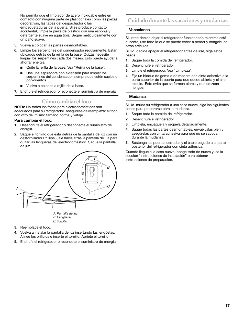 Cómo cambiar el foco, Cuidado durante las vacaciones y mudanzas | KITCHENAID 2300274 User Manual | Page 17 / 32