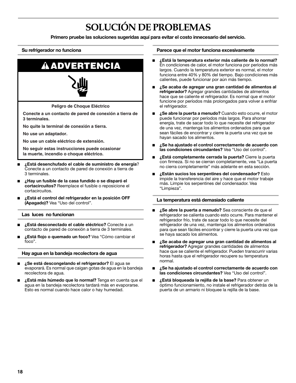 Solución de problemas, Advertencia | KITCHENAID 2300274 User Manual | Page 18 / 32