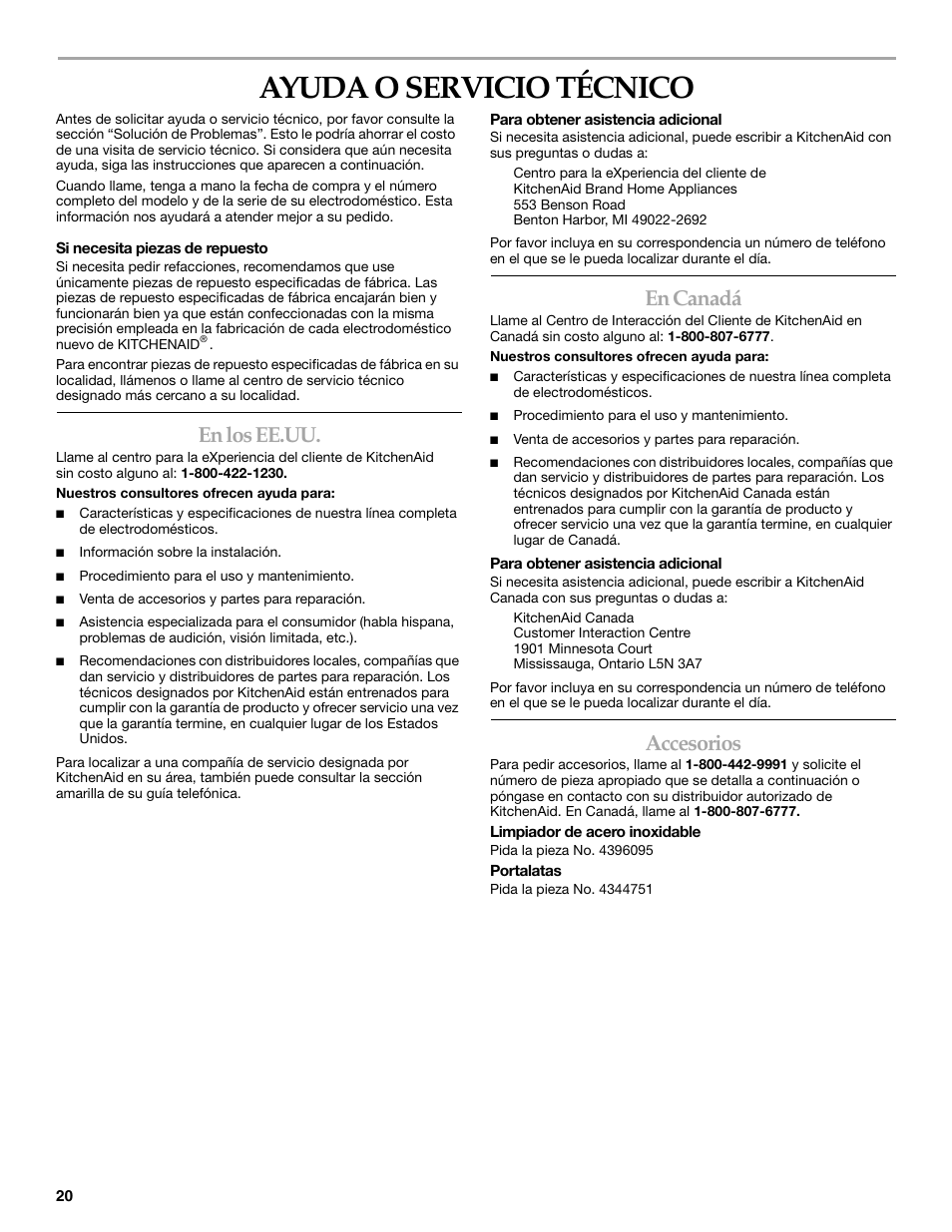 Ayuda o servicio técnico, En los ee.uu, En canadá | Accesorios | KITCHENAID 2300274 User Manual | Page 20 / 32