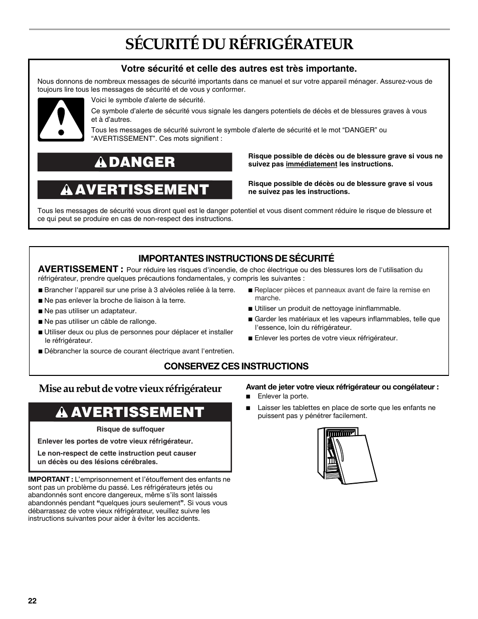 Sécurité du réfrigérateur, Avertissement danger, Avertissement | Mise au rebut de votre vieux réfrigérateur | KITCHENAID 2300274 User Manual | Page 22 / 32