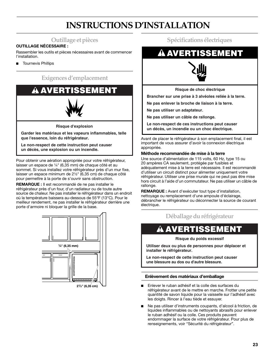 Instructions d’installation, Avertissement, Outillage et pièces | Exigences d’emplacement, Spécifications électriques, Déballage du réfrigérateur | KITCHENAID 2300274 User Manual | Page 23 / 32