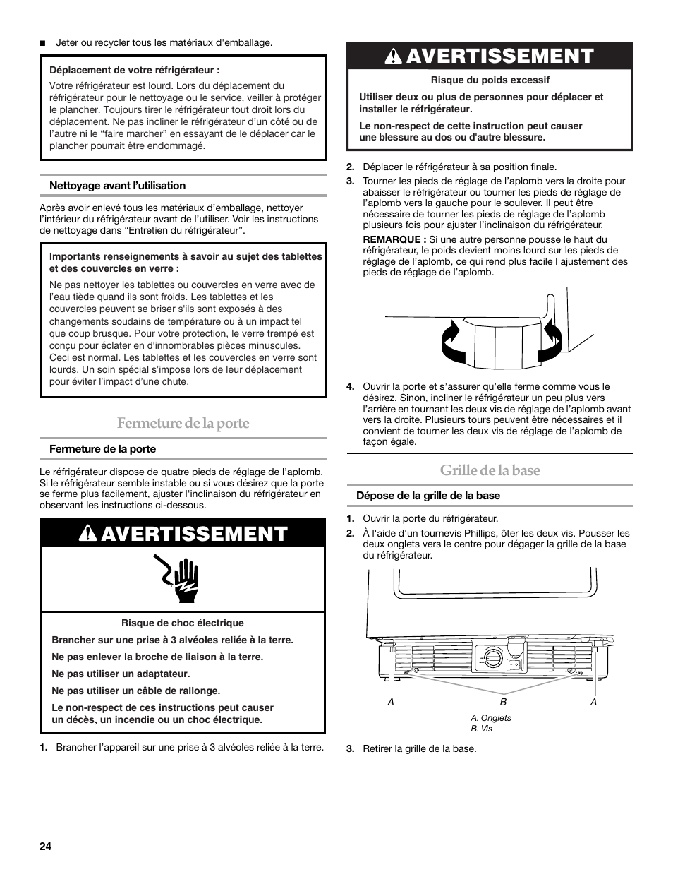 Avertissement, Fermeture de la porte, Grille de la base | KITCHENAID 2300274 User Manual | Page 24 / 32