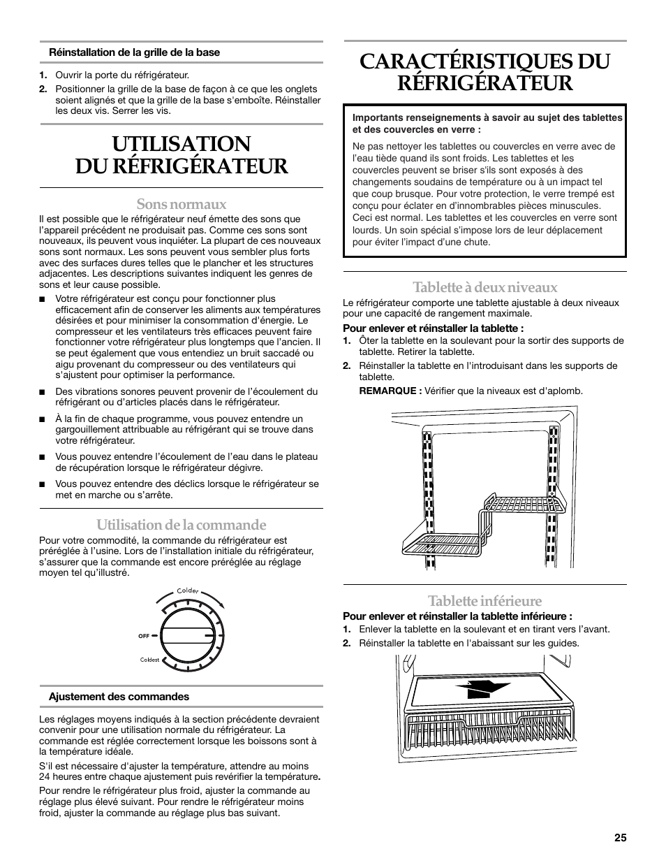 Utilisation du réfrigérateur, Caractéristiques du réfrigérateur, Sons normaux | Utilisation de la commande, Tablette à deux niveaux, Tablette inférieure | KITCHENAID 2300274 User Manual | Page 25 / 32