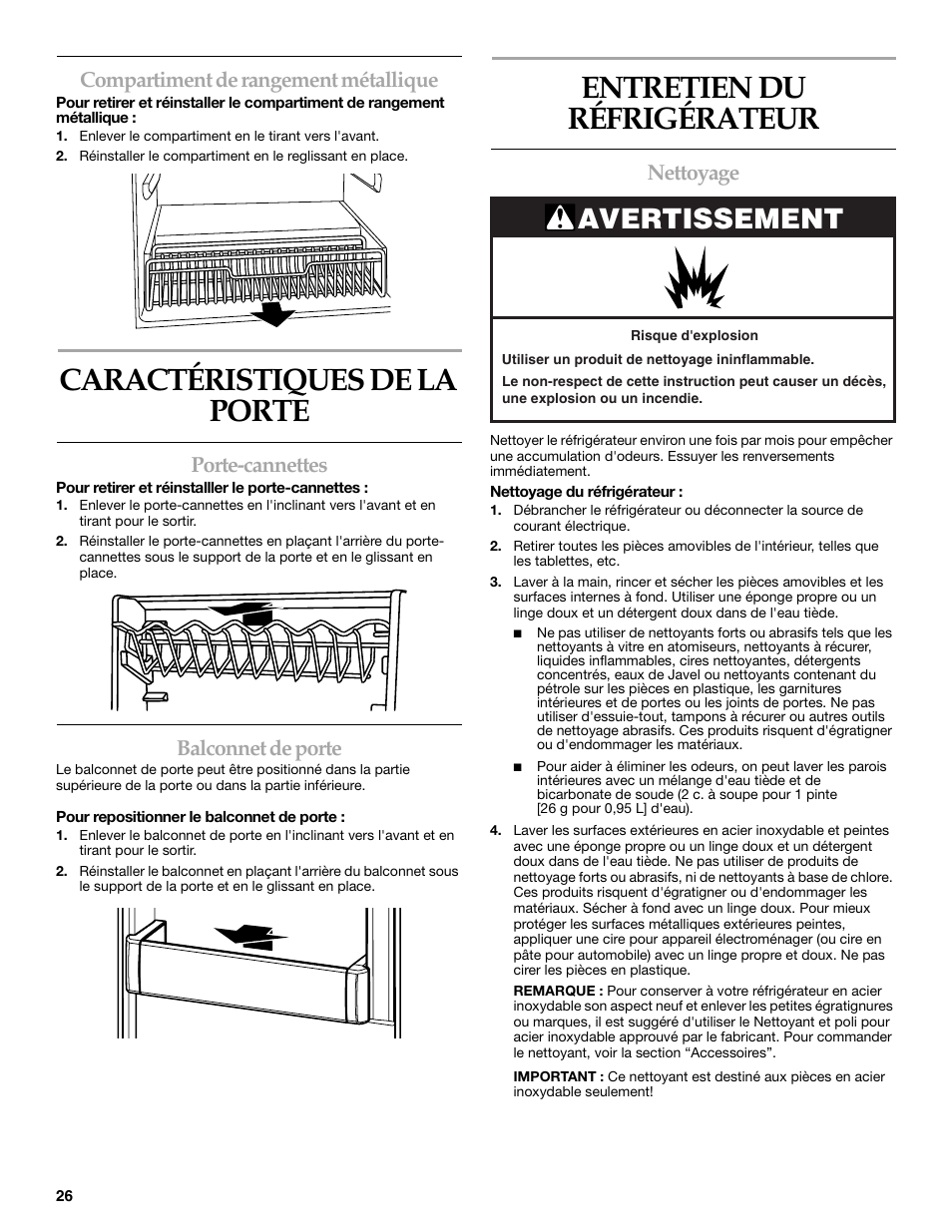 Caractéristiques de la porte, Entretien du réfrigérateur, Avertissement | Compartiment de rangement métallique, Porte-cannettes, Balconnet de porte, Nettoyage | KITCHENAID 2300274 User Manual | Page 26 / 32