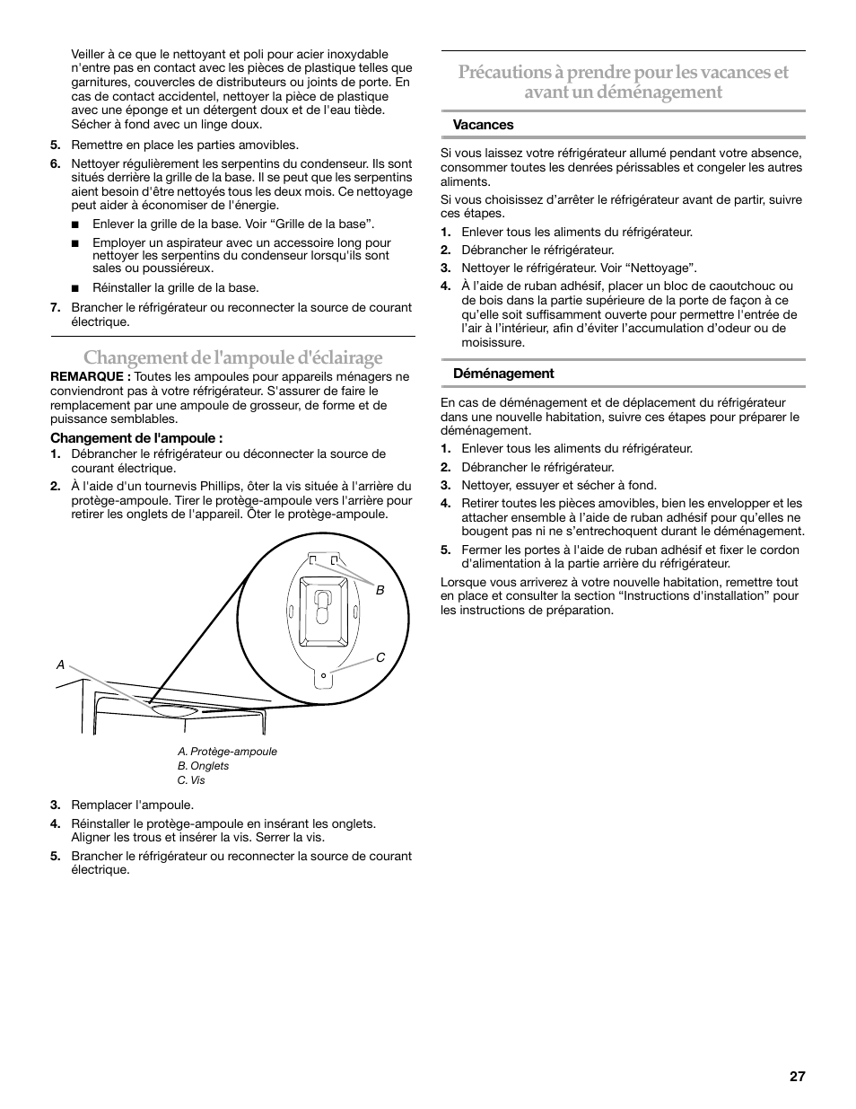 Changement de l'ampoule d'éclairage | KITCHENAID 2300274 User Manual | Page 27 / 32