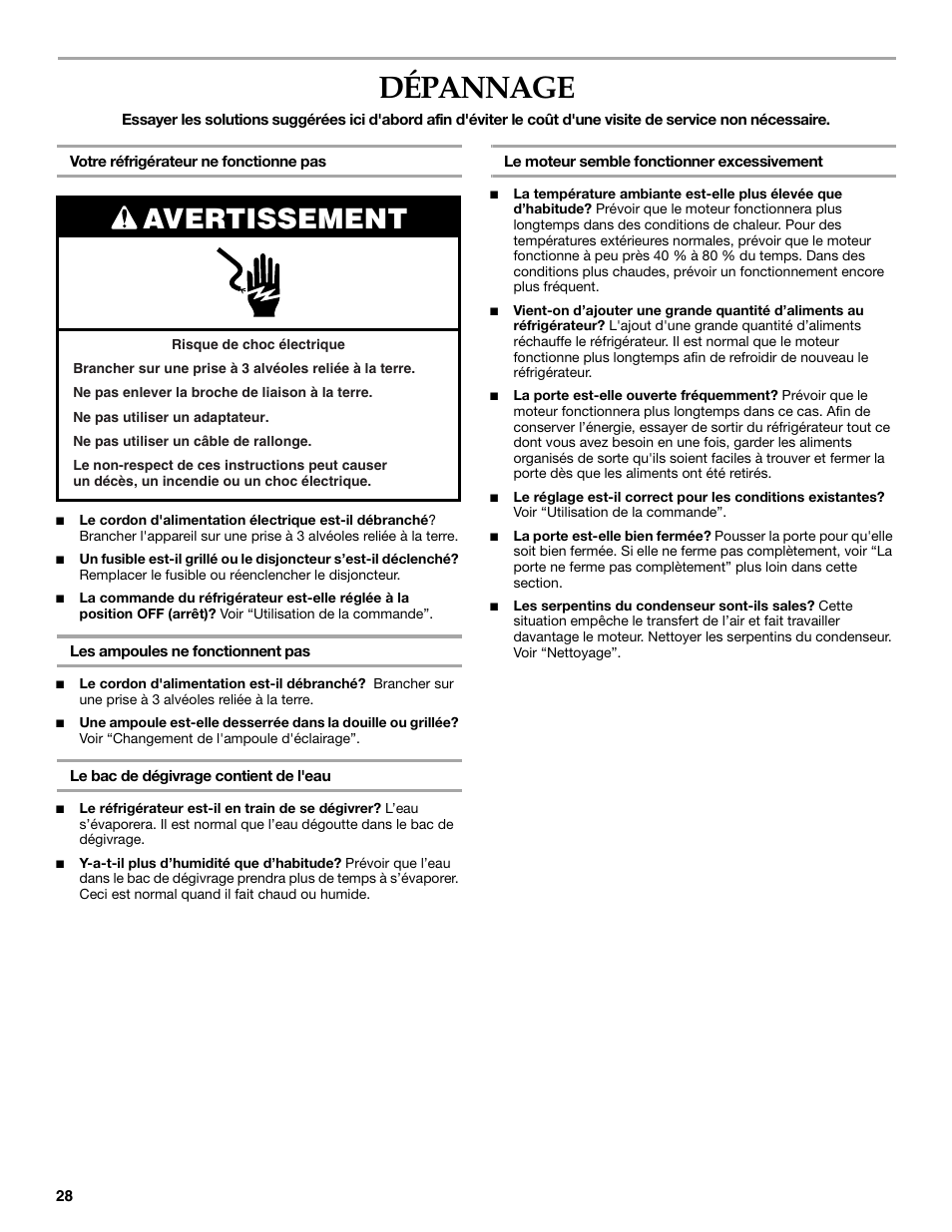 Dépannage, Avertissement | KITCHENAID 2300274 User Manual | Page 28 / 32