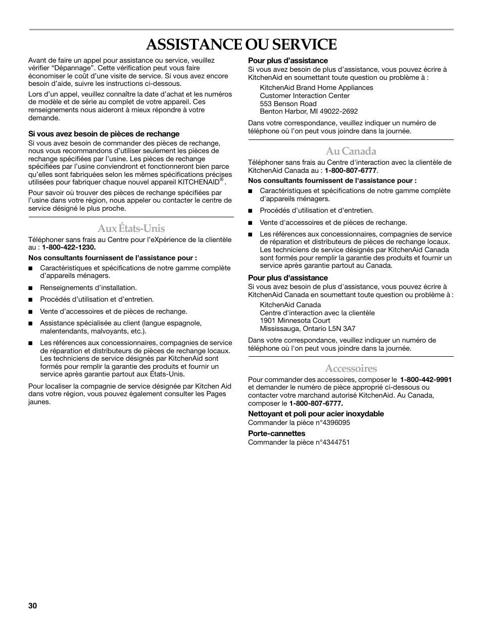 Assistance ou service, Aux états-unis, Au canada | Accessoires | KITCHENAID 2300274 User Manual | Page 30 / 32