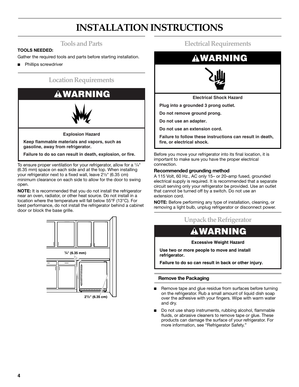 Installation instructions, Warning, Tools and parts | Location requirements, Electrical requirements, Unpack the refrigerator | KITCHENAID 2300274 User Manual | Page 4 / 32