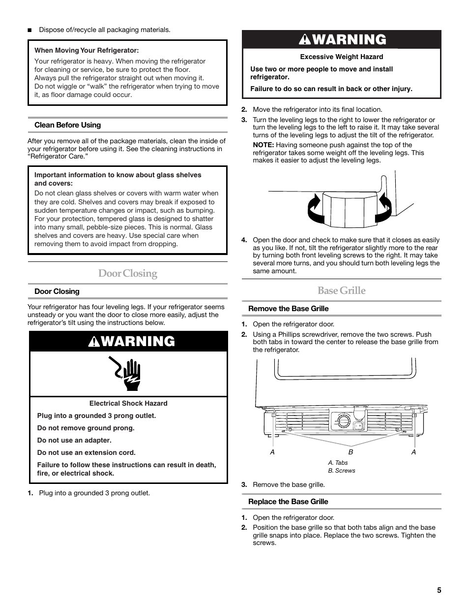 Warning, Door closing, Base grille | KITCHENAID 2300274 User Manual | Page 5 / 32