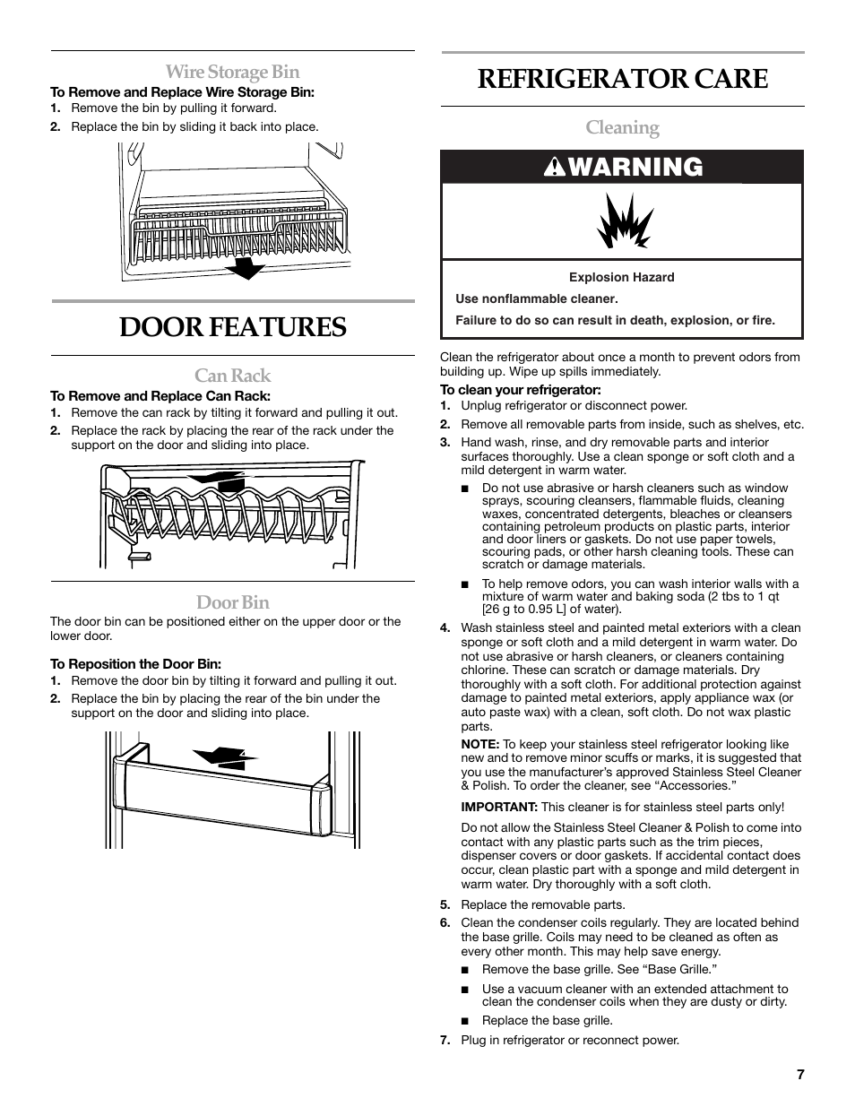 Door features, Refrigerator care, Warning | Wire storage bin, Can rack, Door bin, Cleaning | KITCHENAID 2300274 User Manual | Page 7 / 32