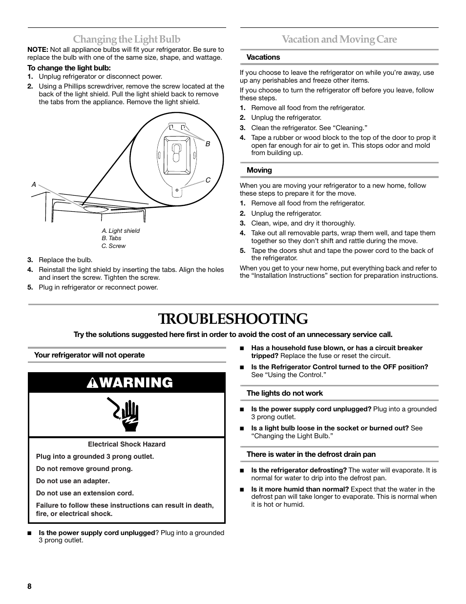 Troubleshooting, Warning, Changing the light bulb | Vacation and moving care | KITCHENAID 2300274 User Manual | Page 8 / 32