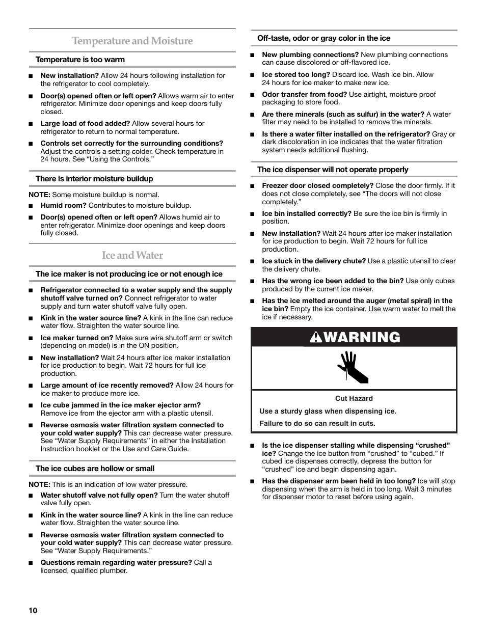 Warning, Temperature and moisture, Ice and water | KITCHENAID W10167112A User Manual | Page 10 / 42