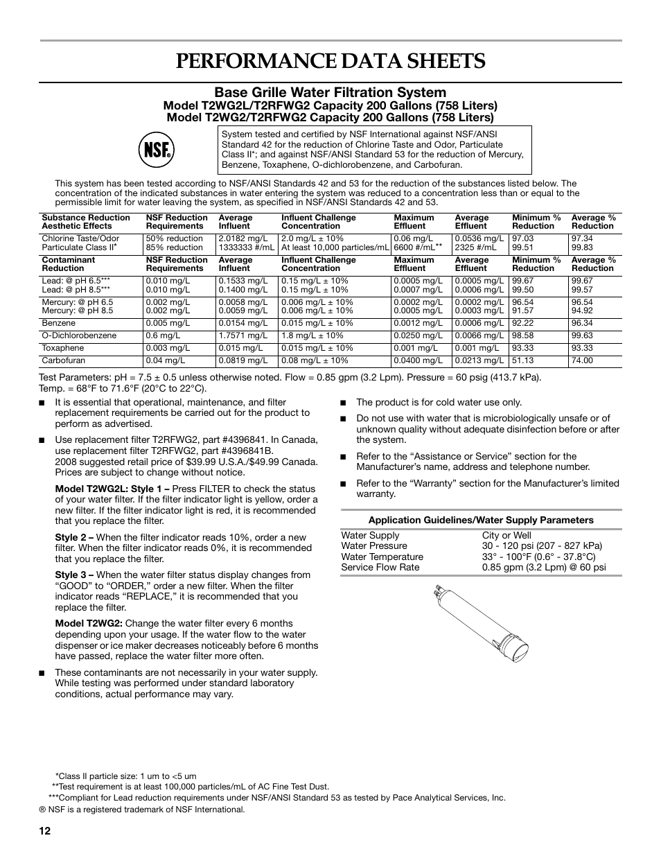 Performance data sheets, Base grille water filtration system | KITCHENAID W10167112A User Manual | Page 12 / 42