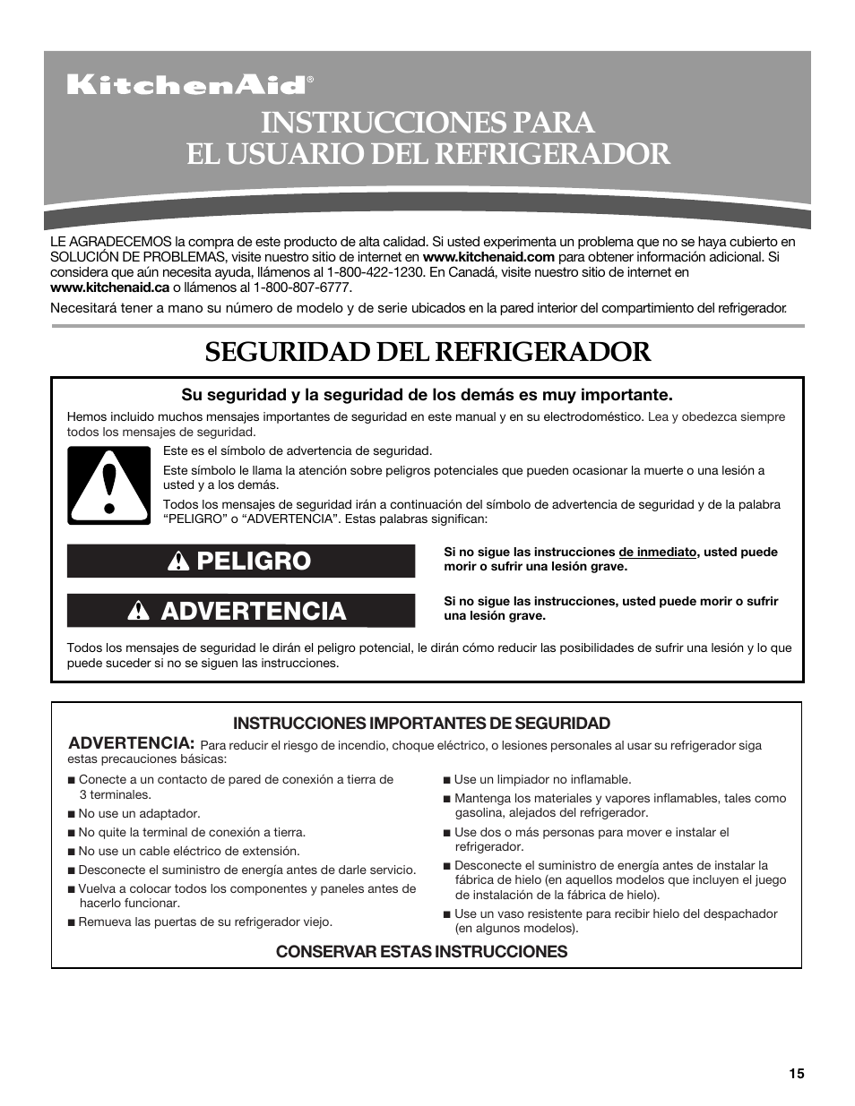 Instrucciones para el usuario del refrigerador, Seguridad del refrigerador, Advertencia peligro | KITCHENAID W10167112A User Manual | Page 15 / 42