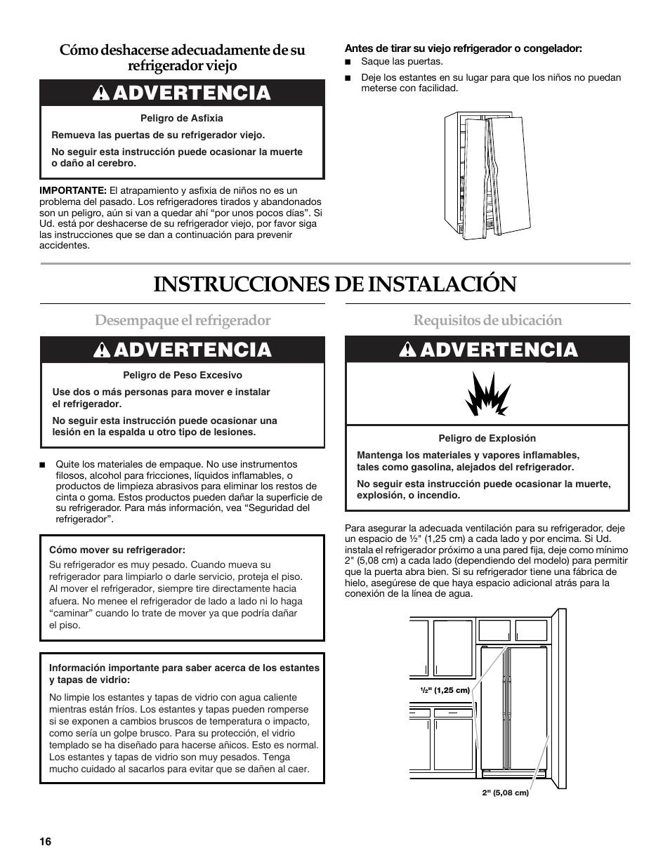 Instrucciones de instalación, Advertencia, Desempaque el refrigerador | Requisitos de ubicación | KITCHENAID W10167112A User Manual | Page 16 / 42