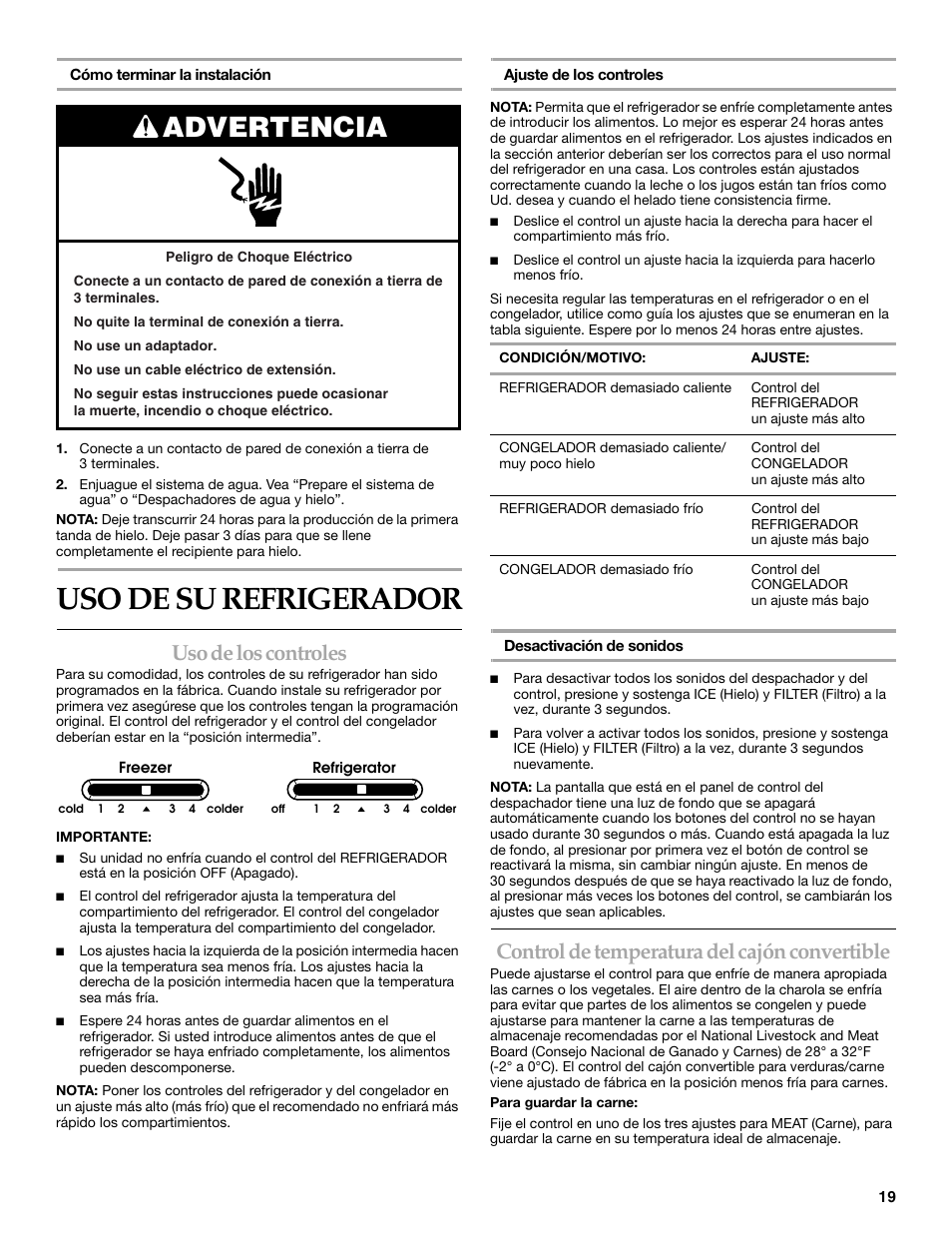 Uso de su refrigerador, Advertencia, Uso de los controles | Control de temperatura del cajón convertible | KITCHENAID W10167112A User Manual | Page 19 / 42