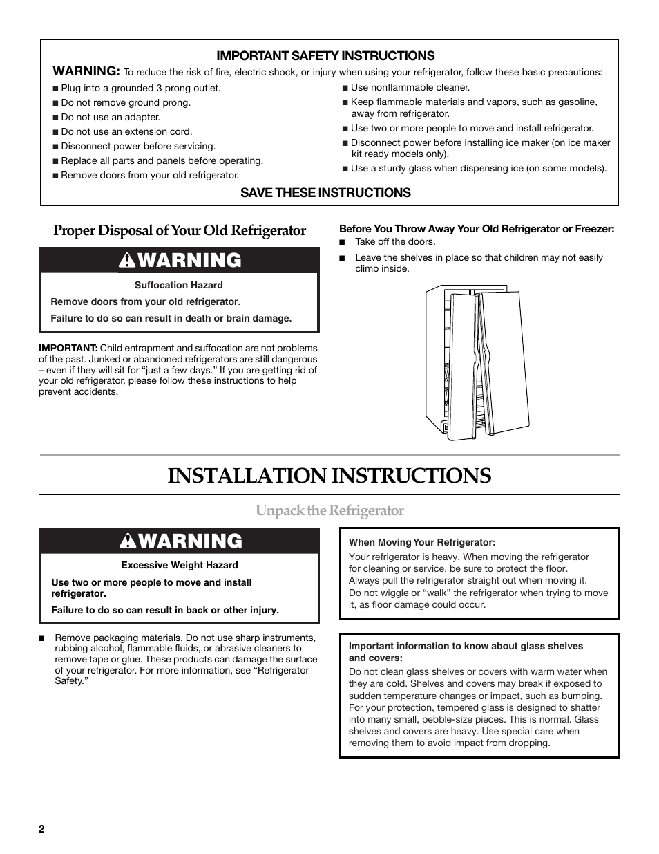 Installation instructions, Warning, Unpack the refrigerator | Proper disposal of your old refrigerator, Important safety instructions warning, Save these instructions | KITCHENAID W10167112A User Manual | Page 2 / 42