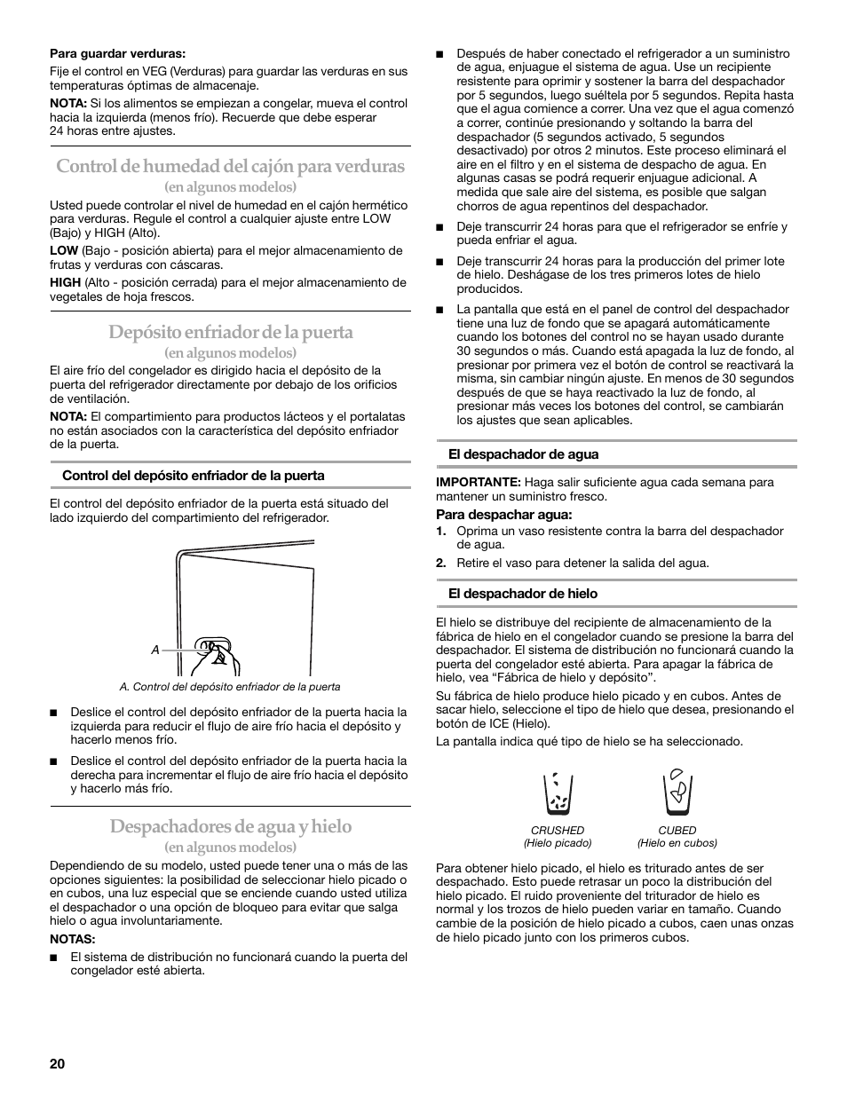 Control de humedad del cajón para verduras, Depósito enfriador de la puerta, Despachadores de agua y hielo | KITCHENAID W10167112A User Manual | Page 20 / 42