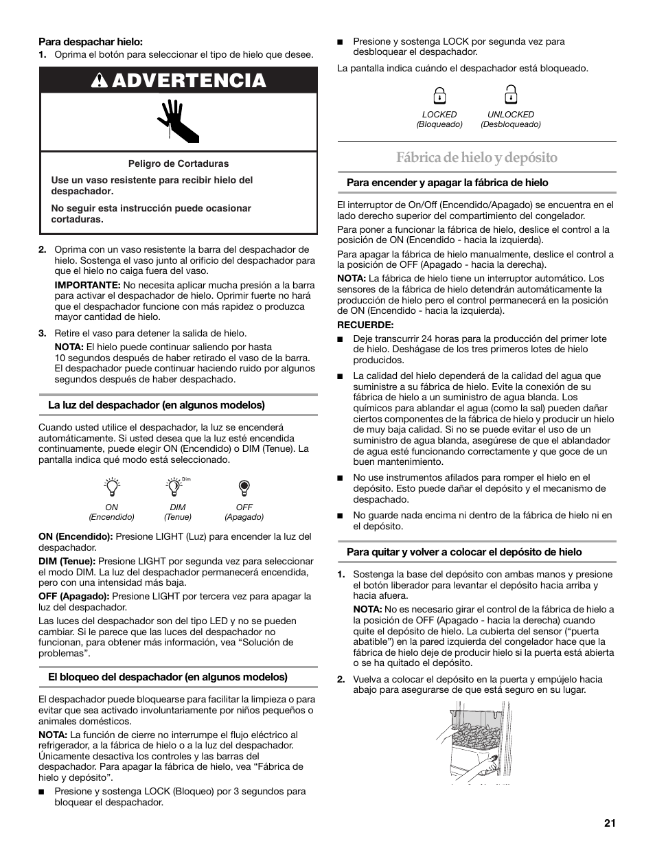 Advertencia, Fábrica de hielo y depósito | KITCHENAID W10167112A User Manual | Page 21 / 42