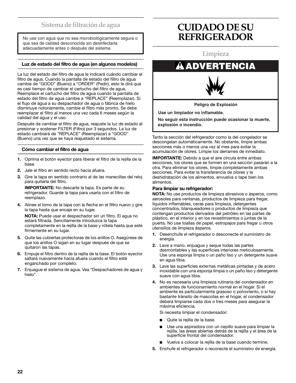 Cuidado de su refrigerador, Advertencia, Sistema de filtración de agua | Limpieza | KITCHENAID W10167112A User Manual | Page 22 / 42