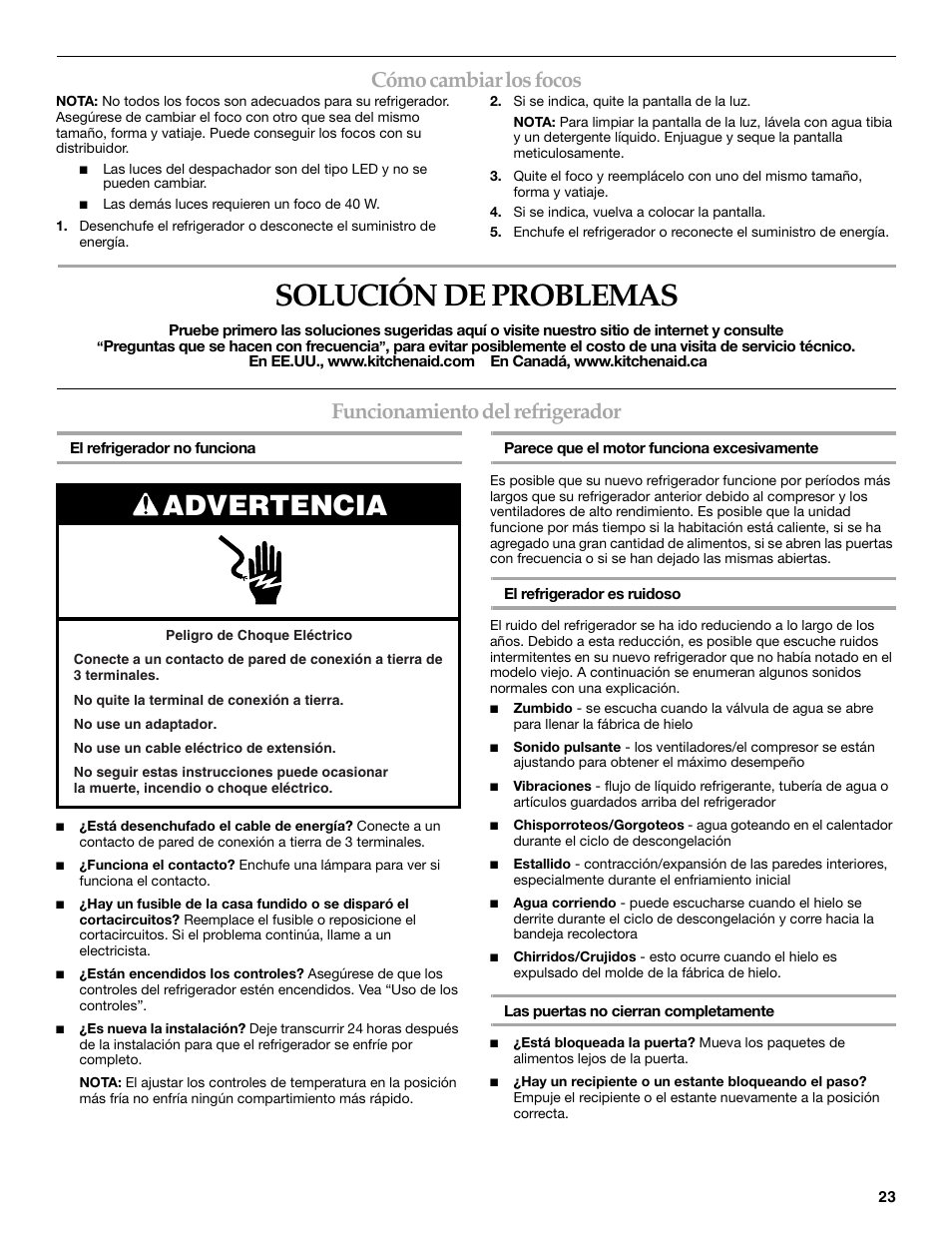 Solución de problemas, Advertencia, Cómo cambiar los focos | Funcionamiento del refrigerador | KITCHENAID W10167112A User Manual | Page 23 / 42